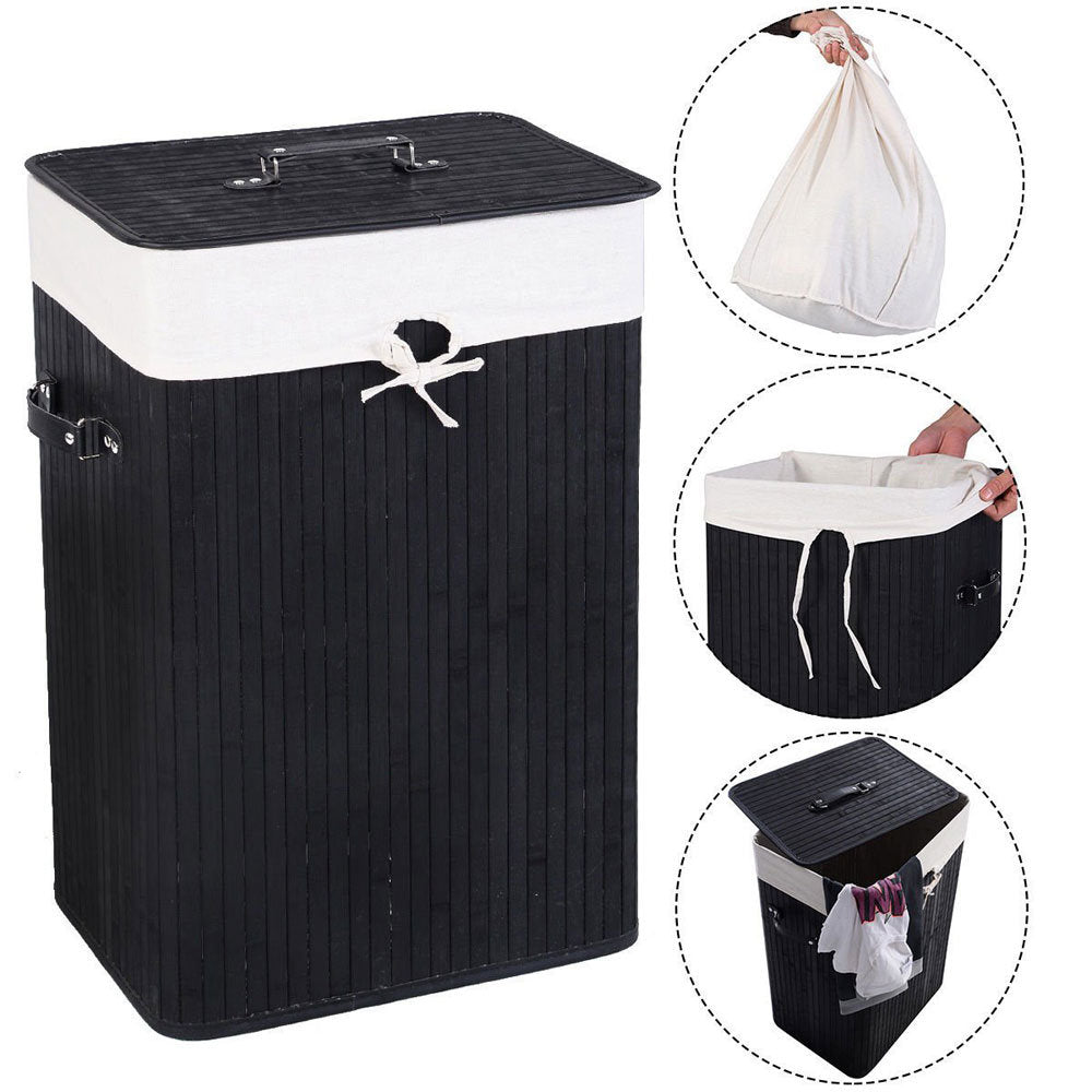 Bamboo Laundry Hamper, Single Lattice Folding Cloth Storage Basket Dirty Clothes Hamper, Collapsible Hamper with Lid and Removable Lining RT