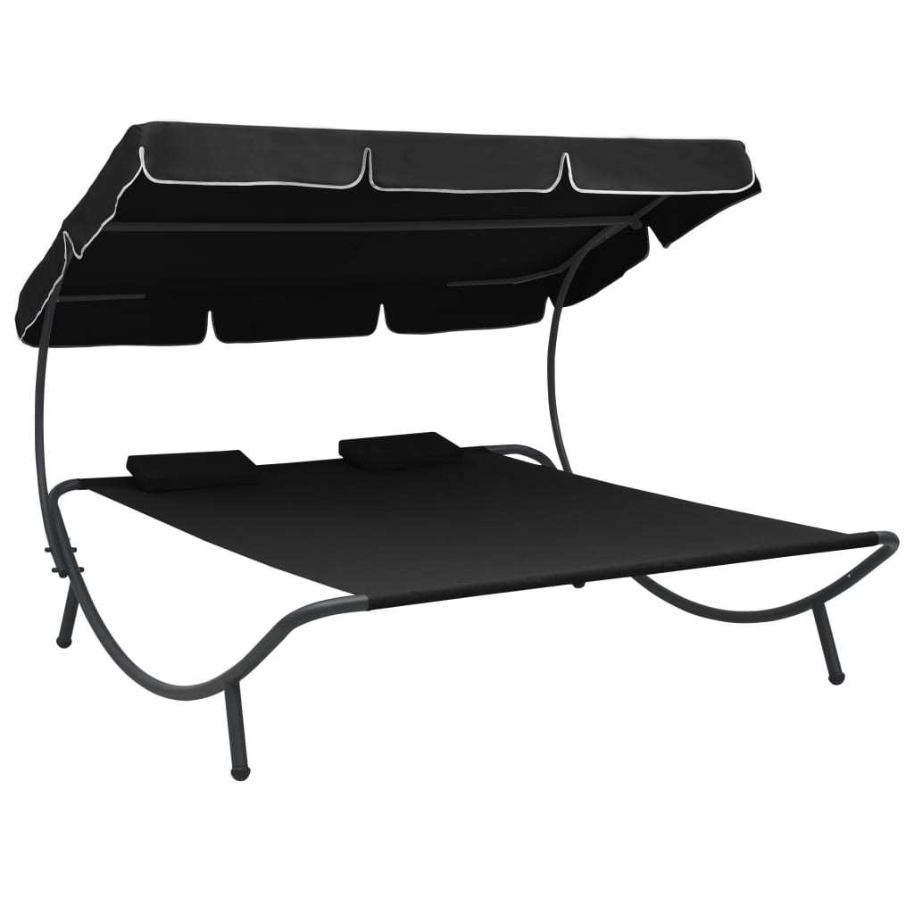 Outdoor Lounge Bed with Canopy and Pillows Black