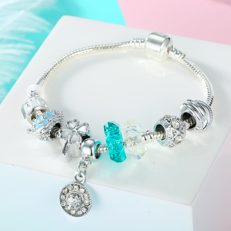 Silver Charm Bracelets Bangles Blue Crystal / Glass Beads Summer Style Women Bracelets