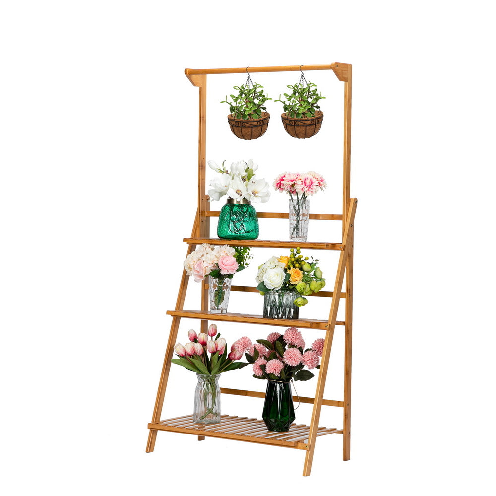 Free shipping 100% Bamboo Plant Frame Three Layers, Balcony Bamboo Frame Folding With Hanging Rod Flower Frame, Indoor Office Balcony, Living Room, Outdoor Garden Decoration YJ