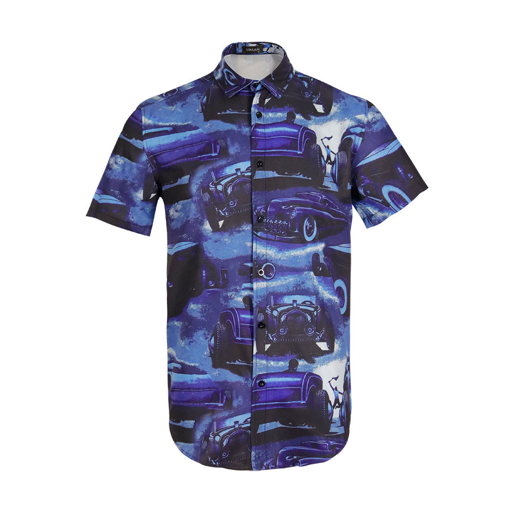 Men Retro Cars Print Casual Button Down Shirt Funny Graphic Short Sleeve Hawaiian Shirts