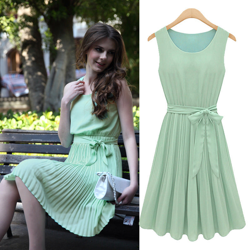 US store free delivery casual Lady Pleated Chiffon Bow Belt Sleeveless Vest Summer Dress Skirt