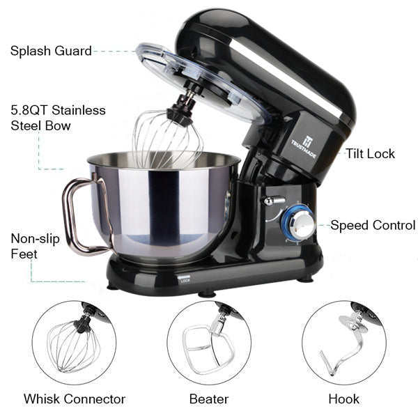 5.8QT 6 Speed Control Electric Stand Mixer with Stainless Steel Mixing Bowl Food Mixer TRUSTMADE