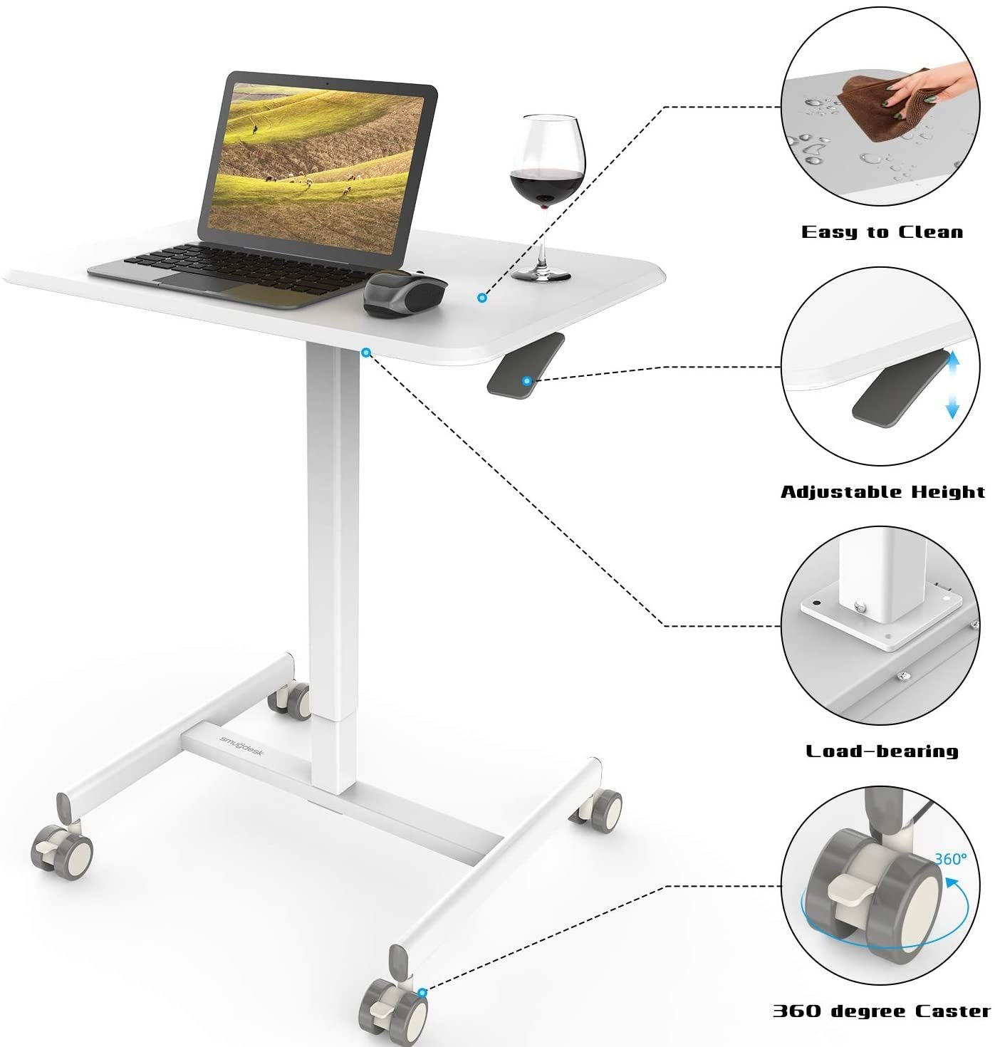 Mobile Sit-Stand Desk Adjustable Height Laptop Desk Cart Ergonomic Table Small Standing Desk with Pneumatic Height Adjustments, Black,White