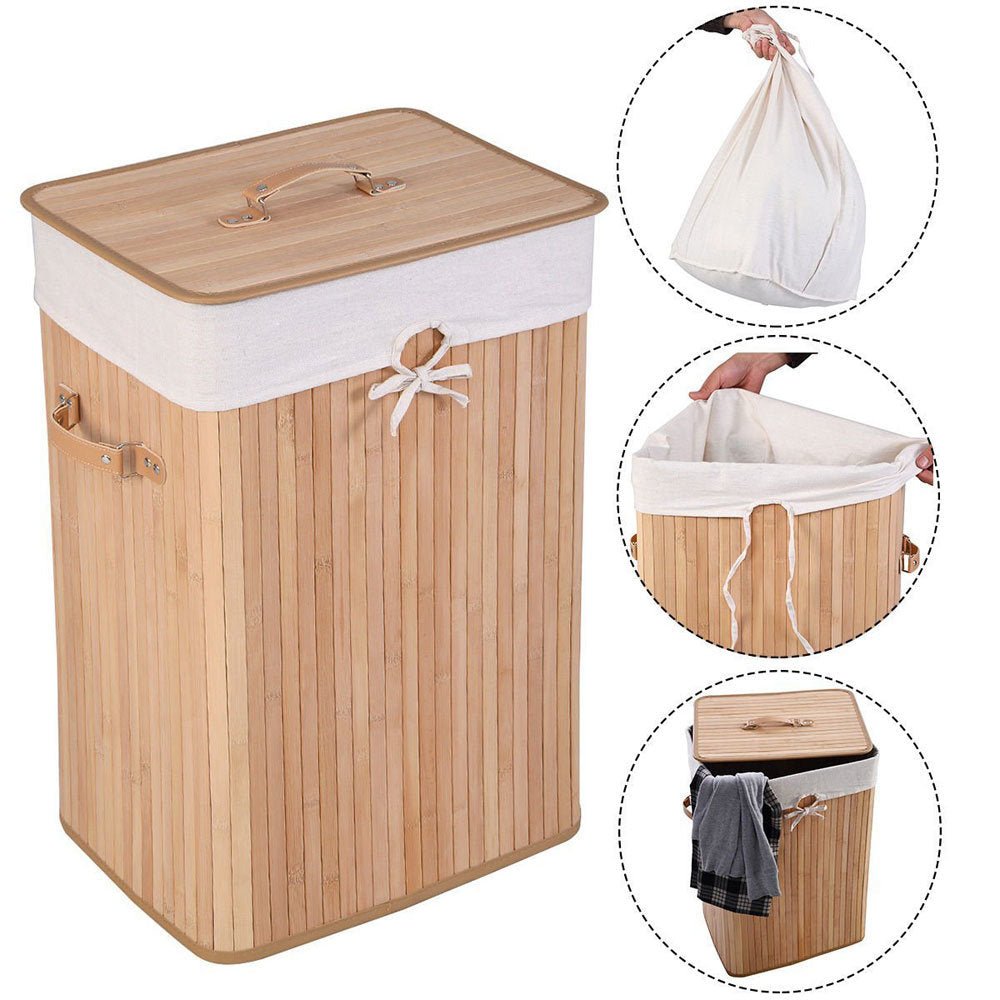 Bamboo Laundry Hamper, Single Lattice Folding Cloth Storage Basket Dirty Clothes Hamper, Collapsible Hamper with Lid and Removable Lining RT