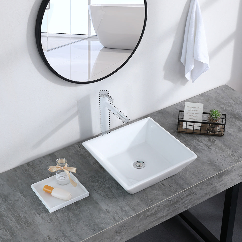 Bathroom Above Counter Square Ceramic Vessel Vanity Sink Art Basin - White Porcelain - with Pop Up Drain Stopper RT