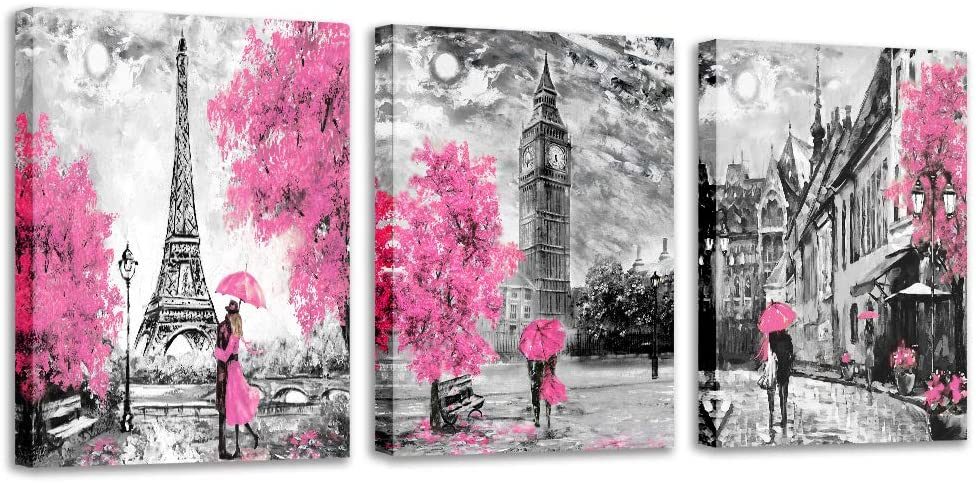 Black and White Wall Art Girls Pink Paris Theme Canvas Prints Eiffel Tower Wall Paintings London Big Ben Pictures for Bedroom Living Room Bathroom Wall Decor