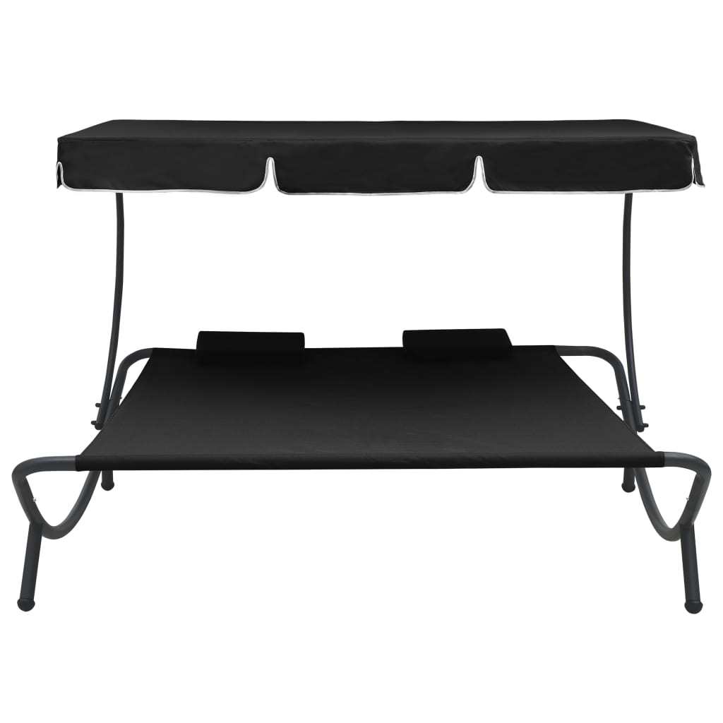 Outdoor Lounge Bed with Canopy and Pillows Black