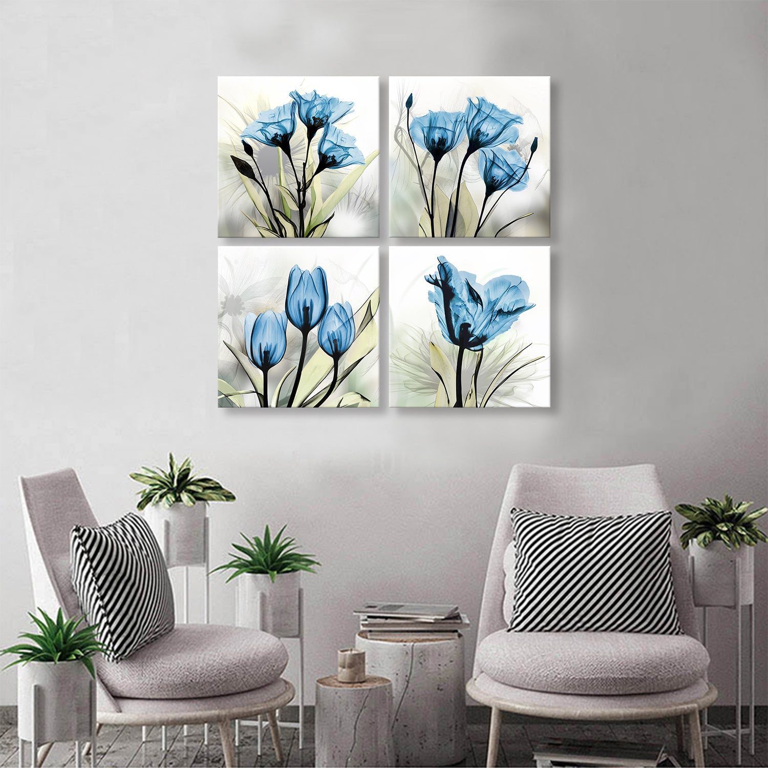 Blue Tulip Flower Canvas Prints Flickering Floral Modern Abstract Wall Art for Office Living Room Bedroom Home Decoration 4 Panel