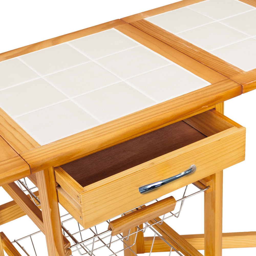 Free shipping Portable Rolling Drop Leaf Kitchen Storage Trolley Cart Island Sapele Color  YJ