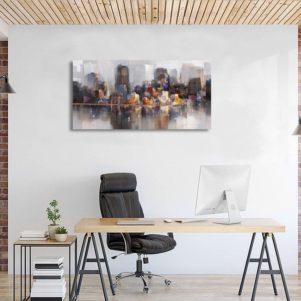 Canvas Wall Art Abstract City Skyline New York Painting Prints Modern Brooklyn Bridge Colorful Cityscape Picture Artworks for Living Room Bedroom Office Wall Decor