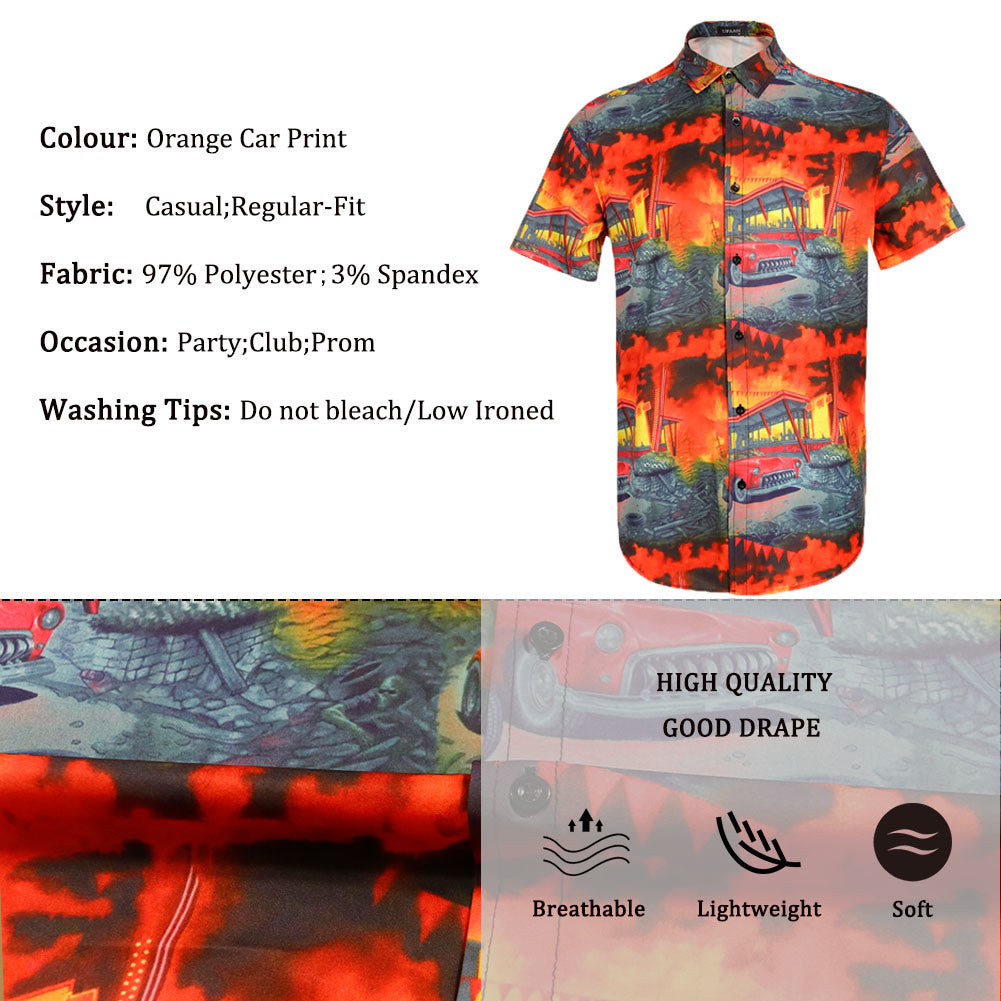 Men Retro Cars Print Casual Button Down Shirt Funny Graphic Short Sleeve Hawaiian Shirts