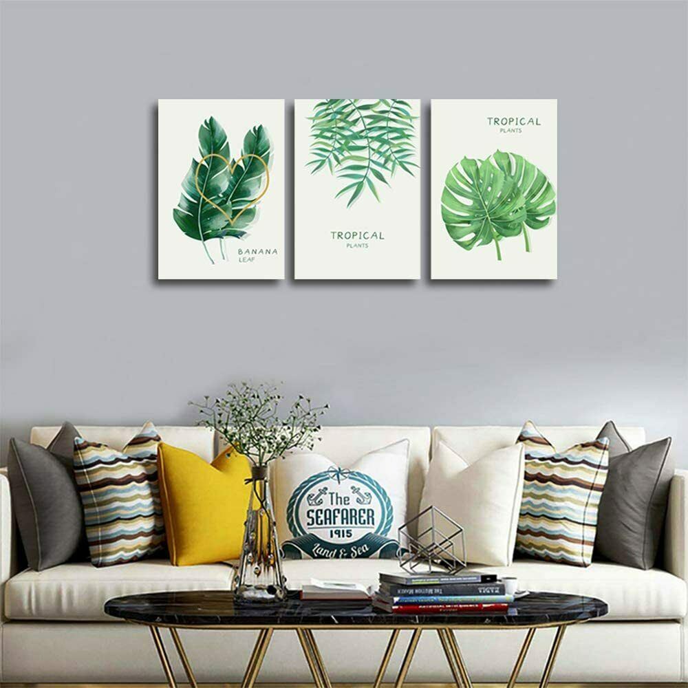 Wall Art Modern Green Leaves Canvas Prints Framed Artworks for Living Room Decor