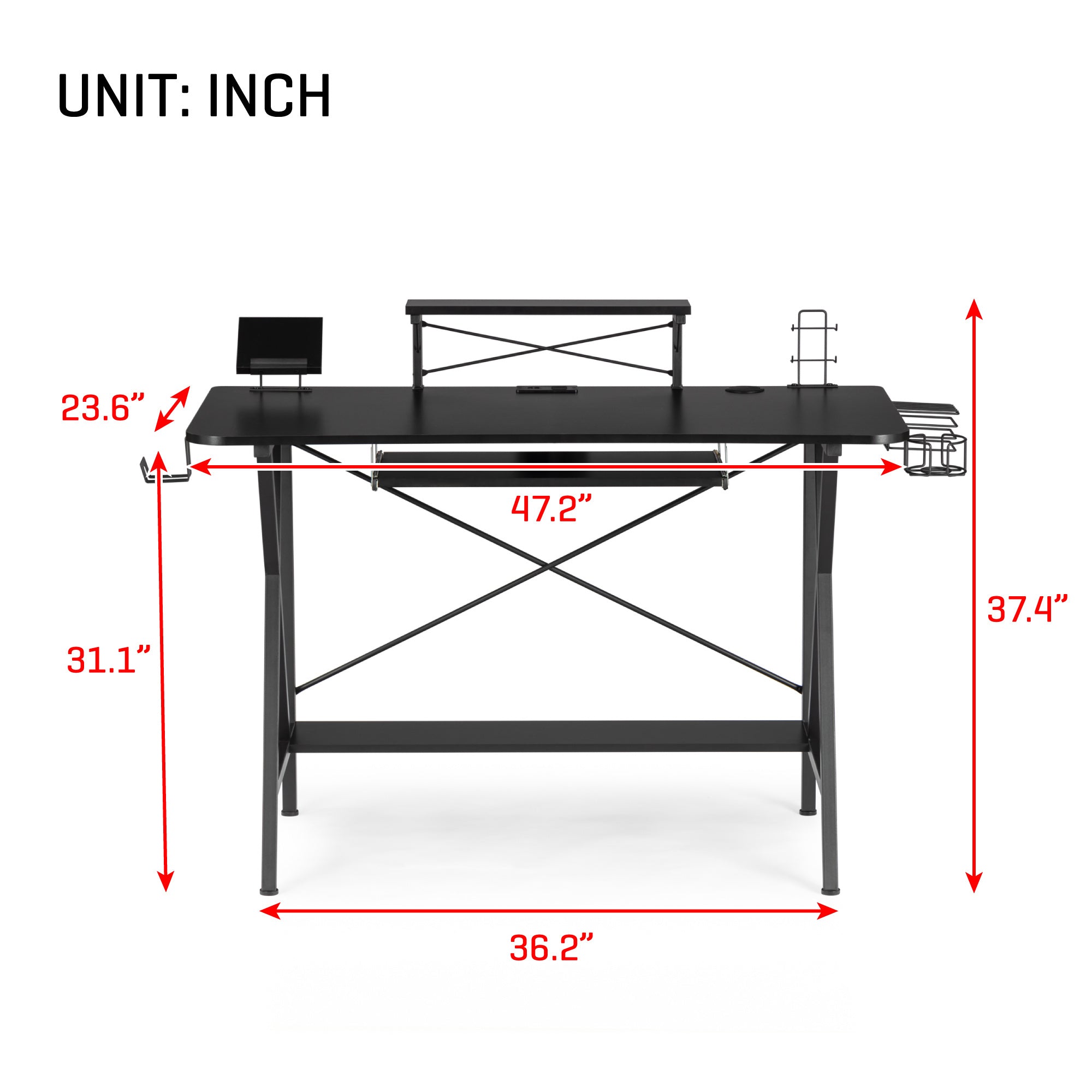 47" Gaming Desk Table, E-Sports Computer Desk, Gaming Workstation Desk, PC Stand Shelf Keyboard stand Power Strip with USB Cup Holder & Headphone Hook Home Office Desk Gamer Desk Writing Table