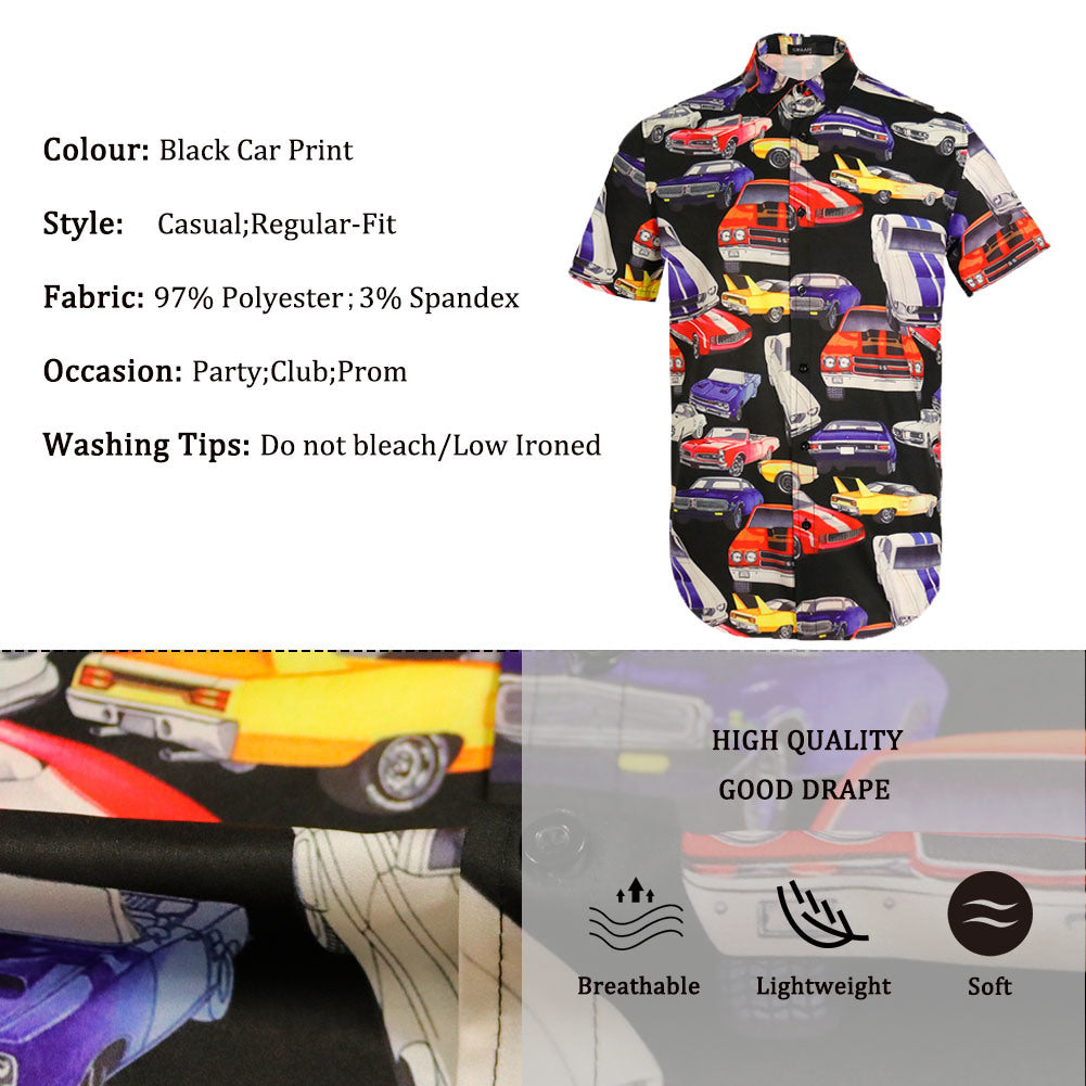 Men Retro Cars Print Casual Button Down Shirt Funny Graphic Short Sleeve Hawaiian Shirts