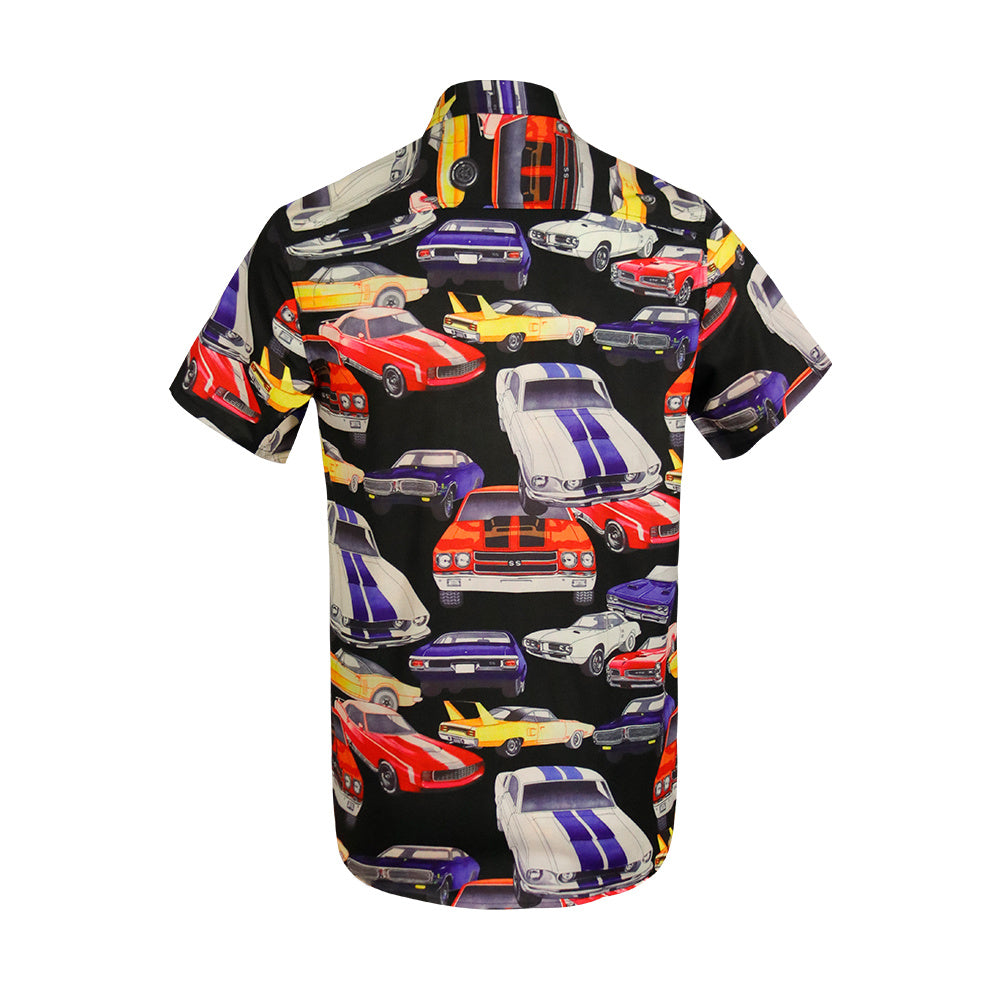 Men Retro Cars Print Casual Button Down Shirt Funny Graphic Short Sleeve Hawaiian Shirts