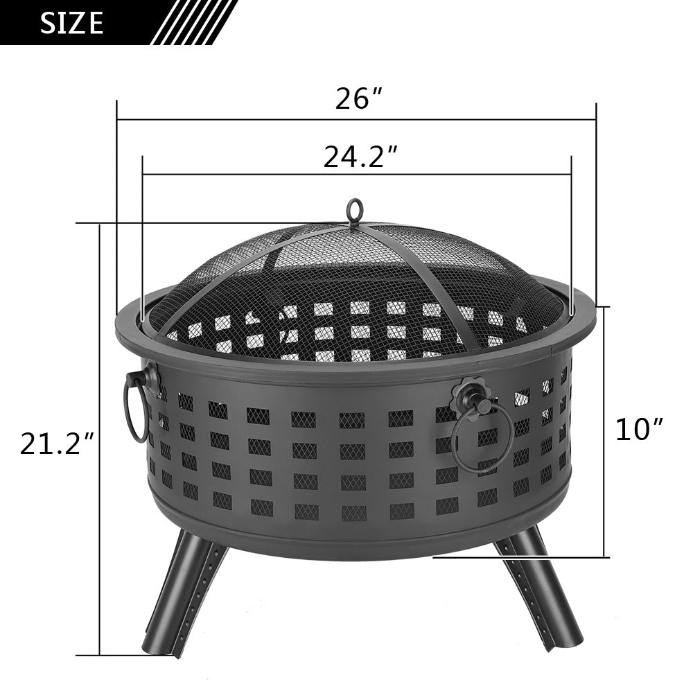 26" Round Metal Lattice Fire Pit Fire Bowl Outdoor BBQ Burn Grill Patio Brazier