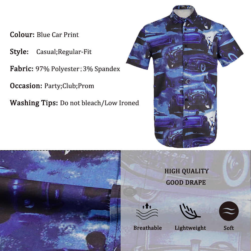 Men Retro Cars Print Casual Button Down Shirt Funny Graphic Short Sleeve Hawaiian Shirts