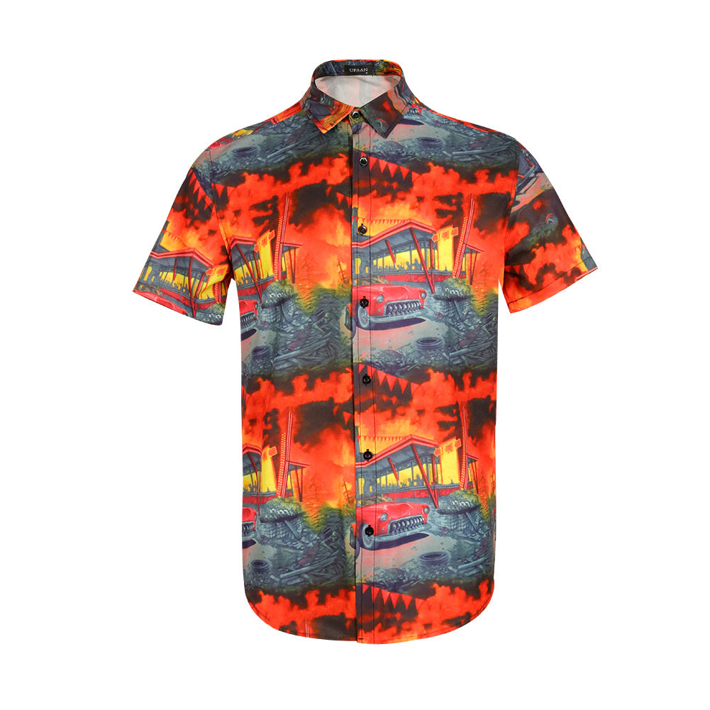 Men Retro Cars Print Casual Button Down Shirt Funny Graphic Short Sleeve Hawaiian Shirts