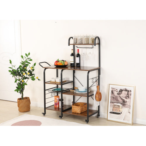 kitchen practical storage rack dining cart trolley, microwave oven rack 3 layers + 4 layers shelf, with 4 high-end hooks and 6 high-quality pulleys, spice rack organizer workstation (Rustic Brown)