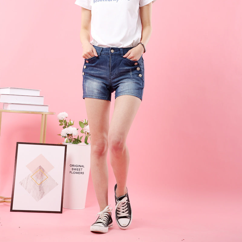 Women Elastic High Waist Shorts Fashion Feminino Denim Shorts for Women Loose Cuffs Straight Blue Short Jeans