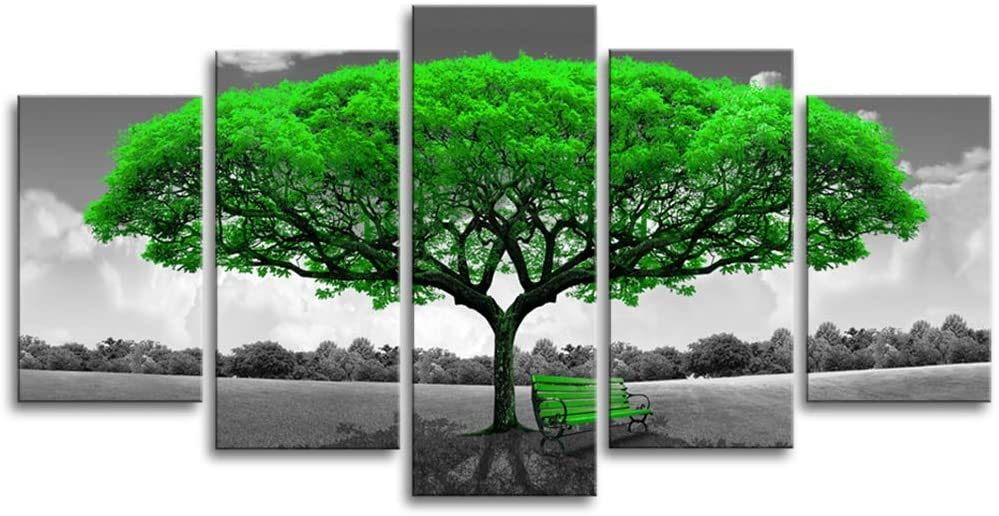 Canvas Wall Art Green Tree Landscape Painting Black and White Picture Prints Framed Artwork Large Wall Art for Living Room Bedroom Decoration 5 Pieces
