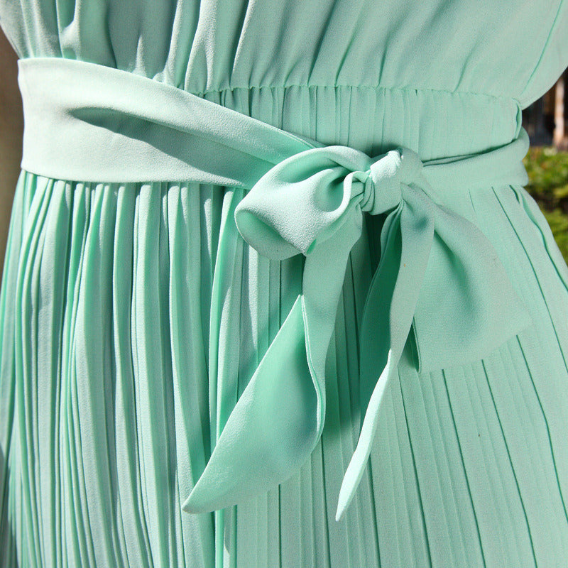 US store free delivery casual Lady Pleated Chiffon Bow Belt Sleeveless Vest Summer Dress Skirt