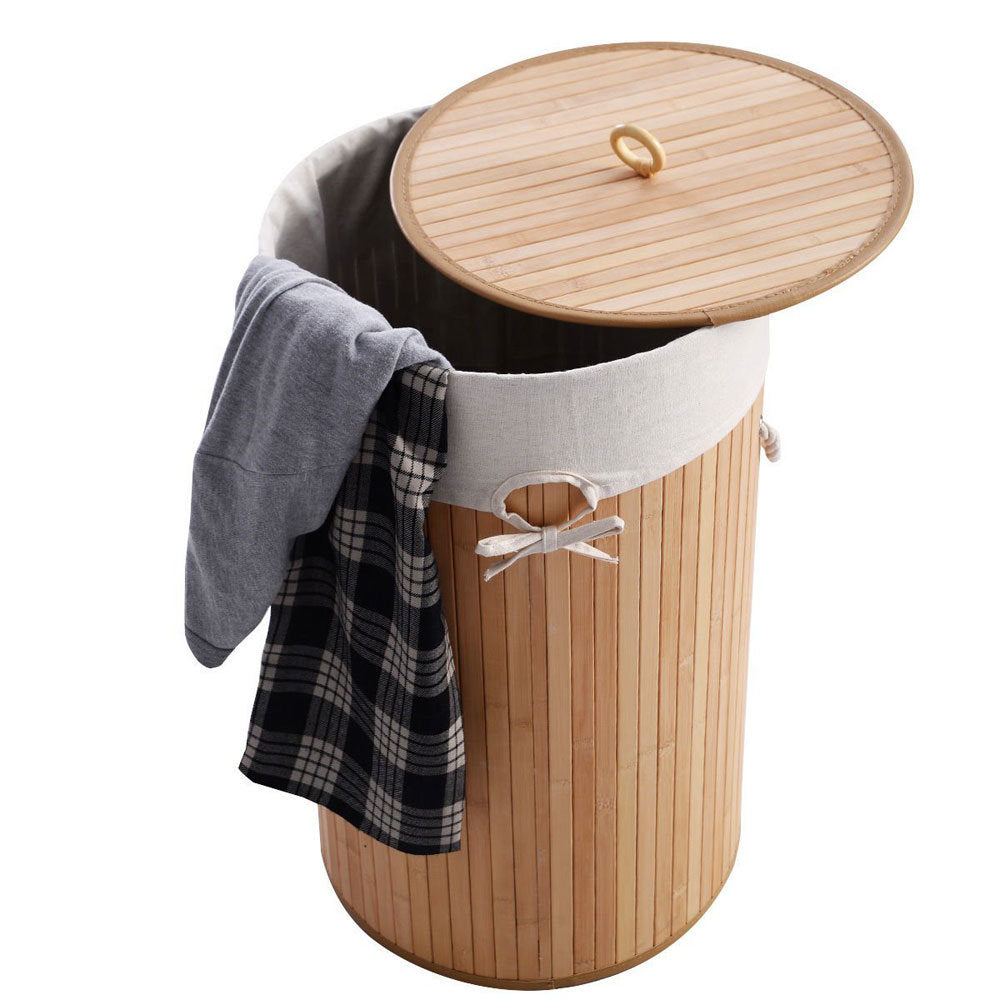 Barrel Type Bamboo Folding Basket Body with Cover Wood Color Laundry Baskets for Bedroom, Laundry Hamper for Toys Clothing Organization RT