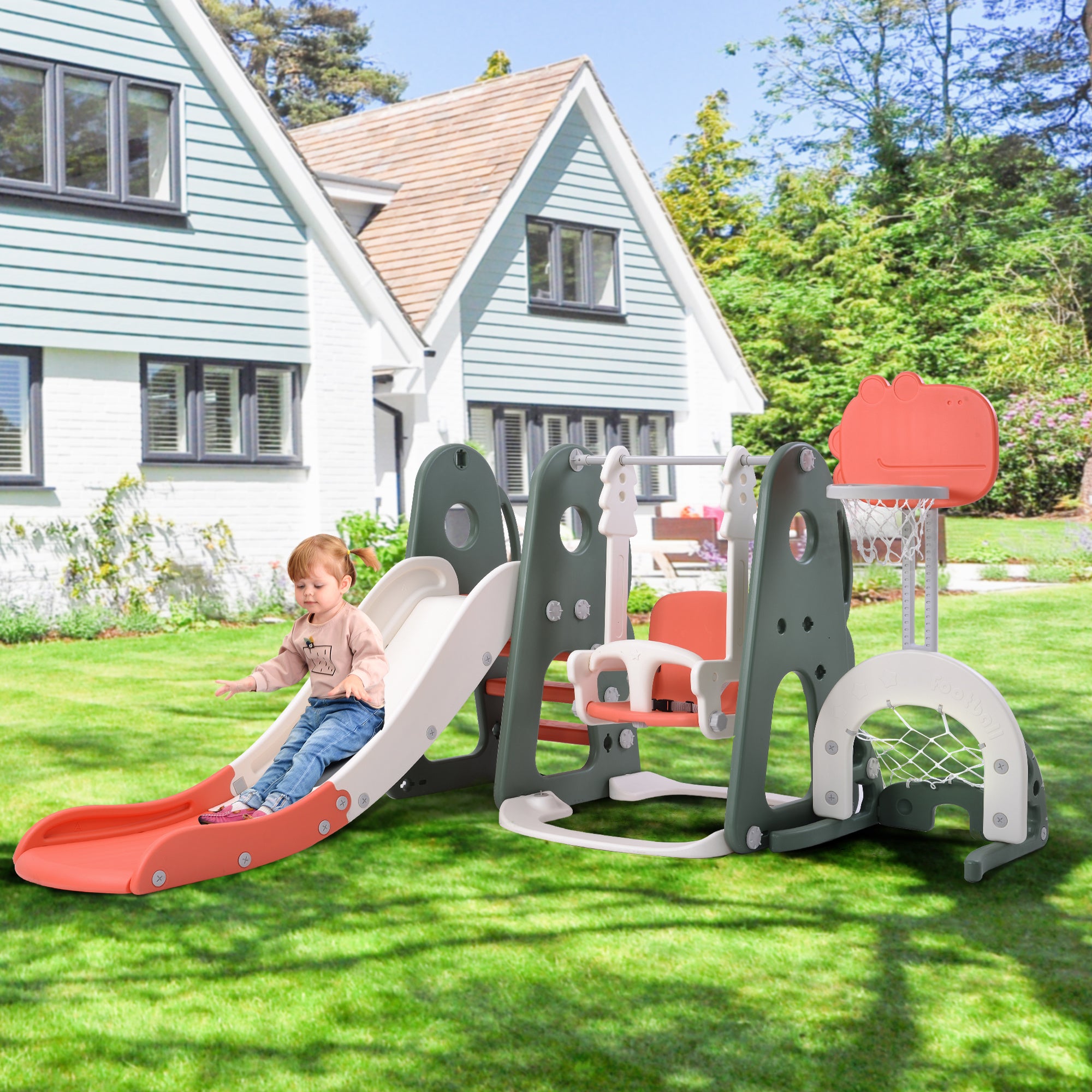 6 in 1 Toddler Slide and Swing Set with Basketball Hoop and Golf, Adjustable Swing Height YF