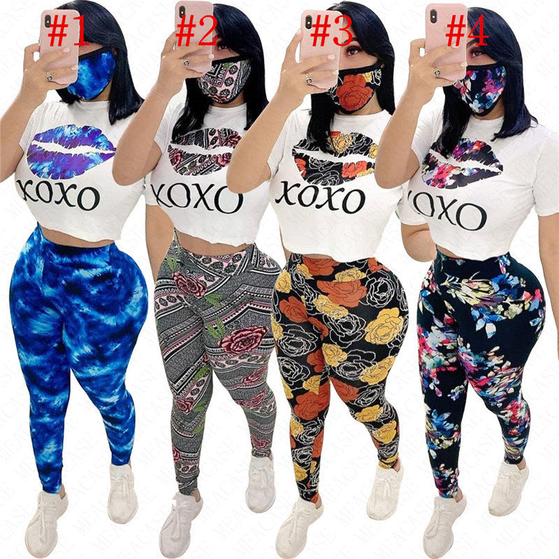Women Letters Floral Lips Print Summer Leggings Set Women Three Piece Set with Mask Outfits Short Sleeves T shirt Pants Sport Suit Tracksuit Sportswear D61908