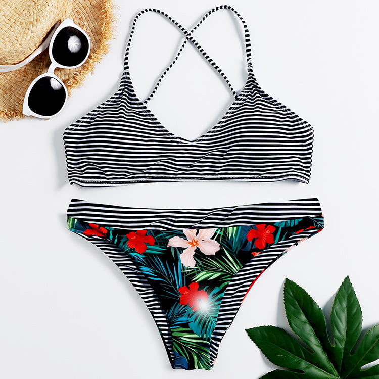 Exotic Sexy Beautiful Women BlackStriped Summer Floral Thong Bikini Swimsuit Swimwear With Sleeve