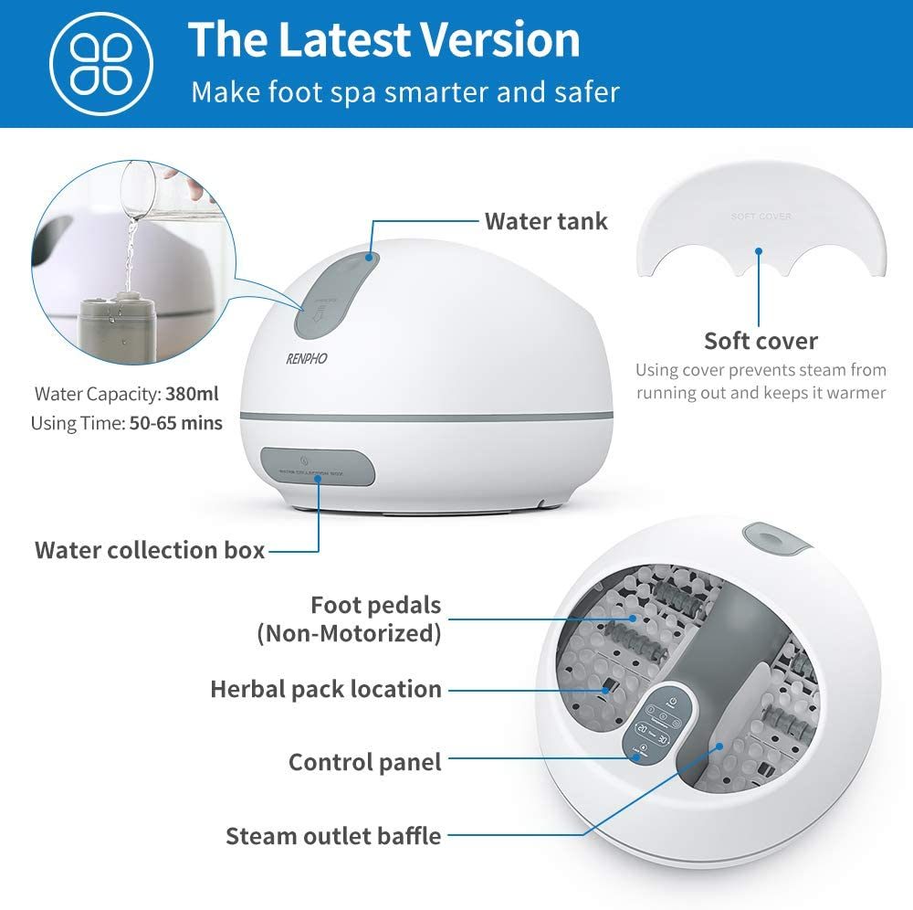Steam Foot Spa Bath Massager, RENPHO Foot Sauna Care with Fast Heating, No Water Pouring, and 4 Pedicure Massage Rollers, More Effective and Safer Than Traditional Foot Tub, Best for Stress Relief