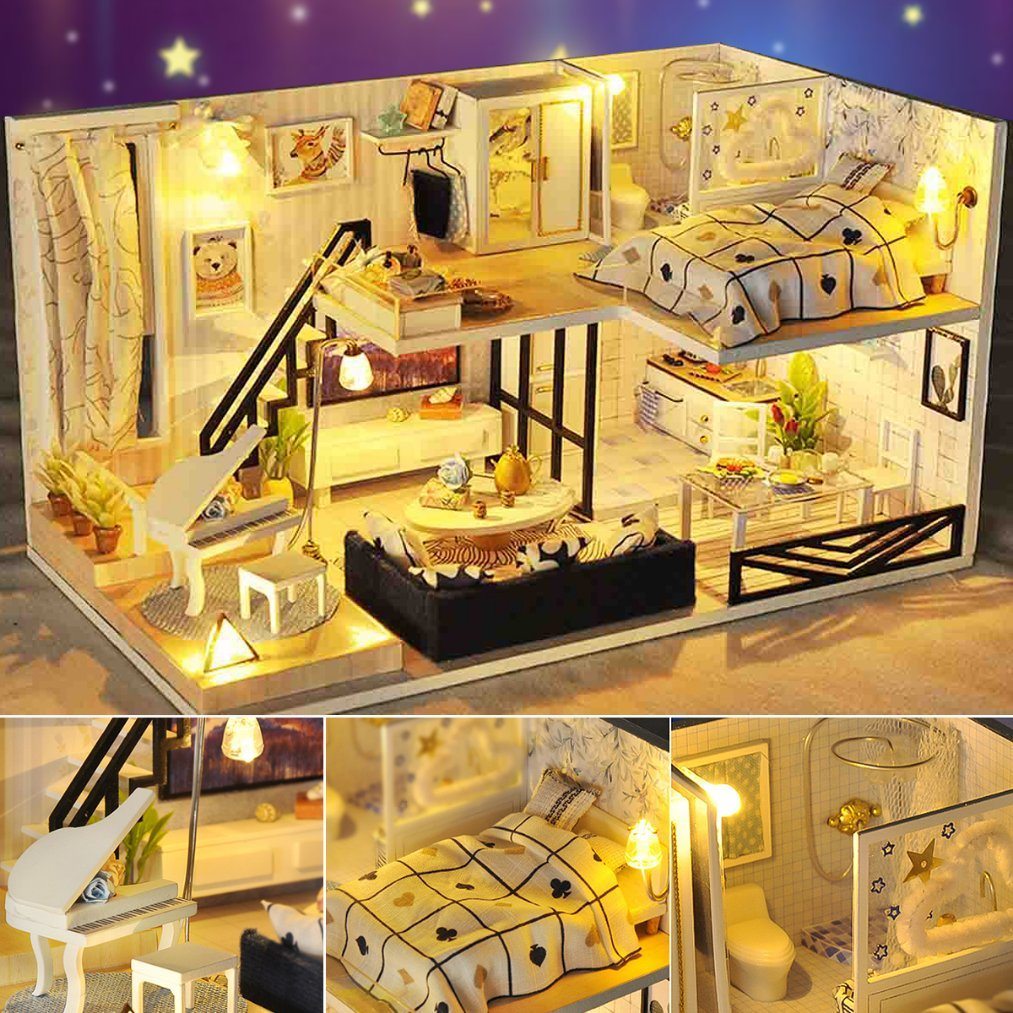 DIY Miniature Dollhouse Kit with LED Lights Furniture Dust Proof 1:24 Scale STEM Building Toys Mini Doll House Gifts for Girls Friends Boys Mom Wife Daughter and Friends