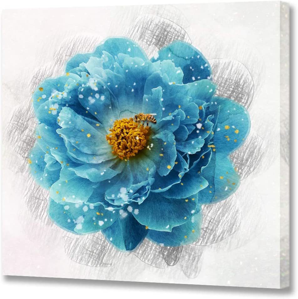 Blue Flower Canvas Wall Art Bee on The Flower Prints Canvas Floral Picture Modern Wall Art Beautiful Blue Wall Paintings for Bathroom Bedroom Home Decorations