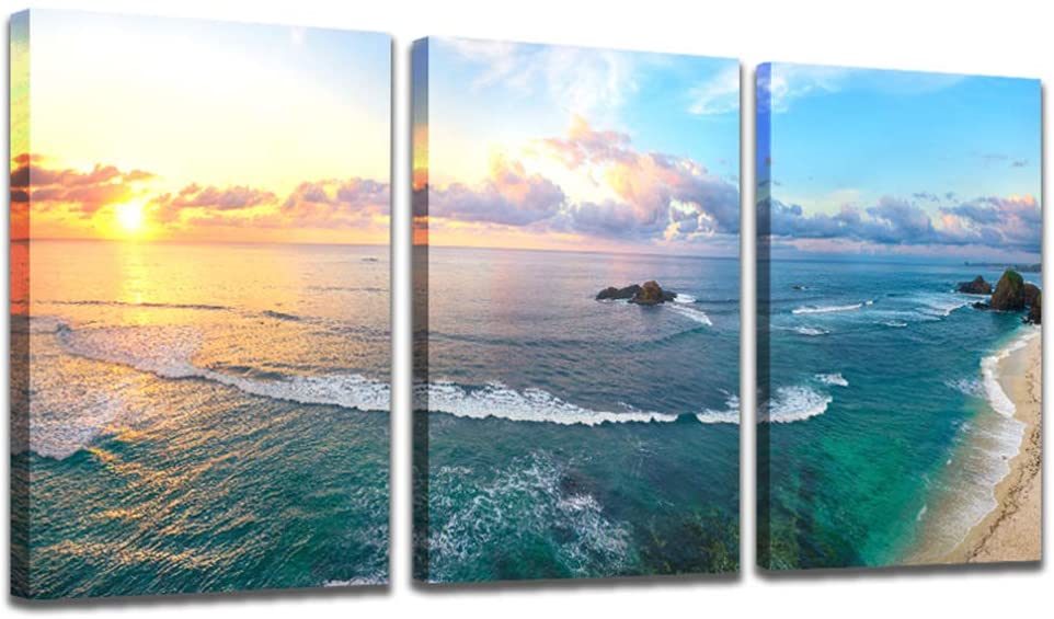 Blue Sea Sunset White Beach Painting For Bathroom Living Room Wall Art Decor - 3 Panels Abstract Wave Picture Prints on Canvas Stretched and Modern Ocean Natural Giclee Decoration Poster