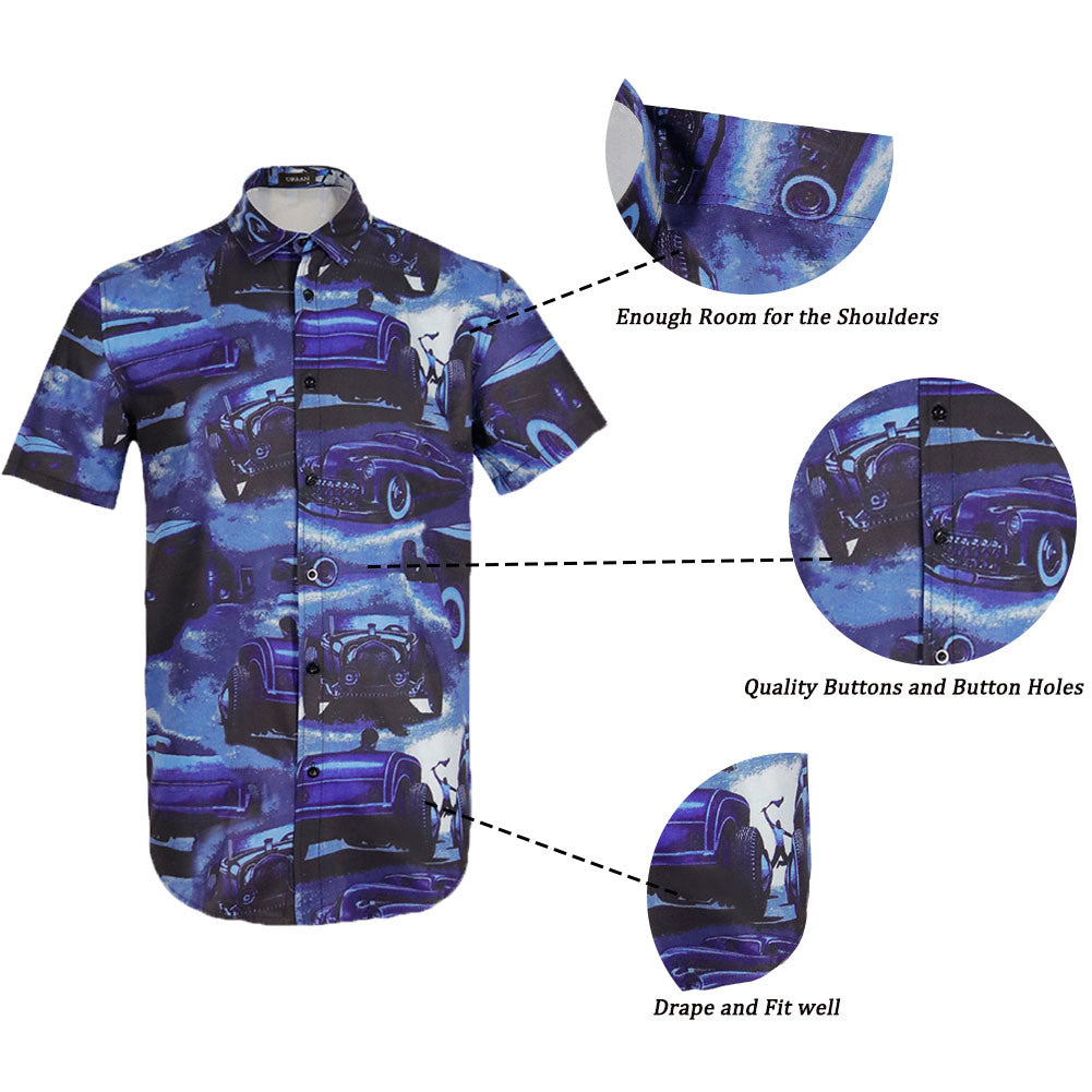 Men Retro Cars Print Casual Button Down Shirt Funny Graphic Short Sleeve Hawaiian Shirts