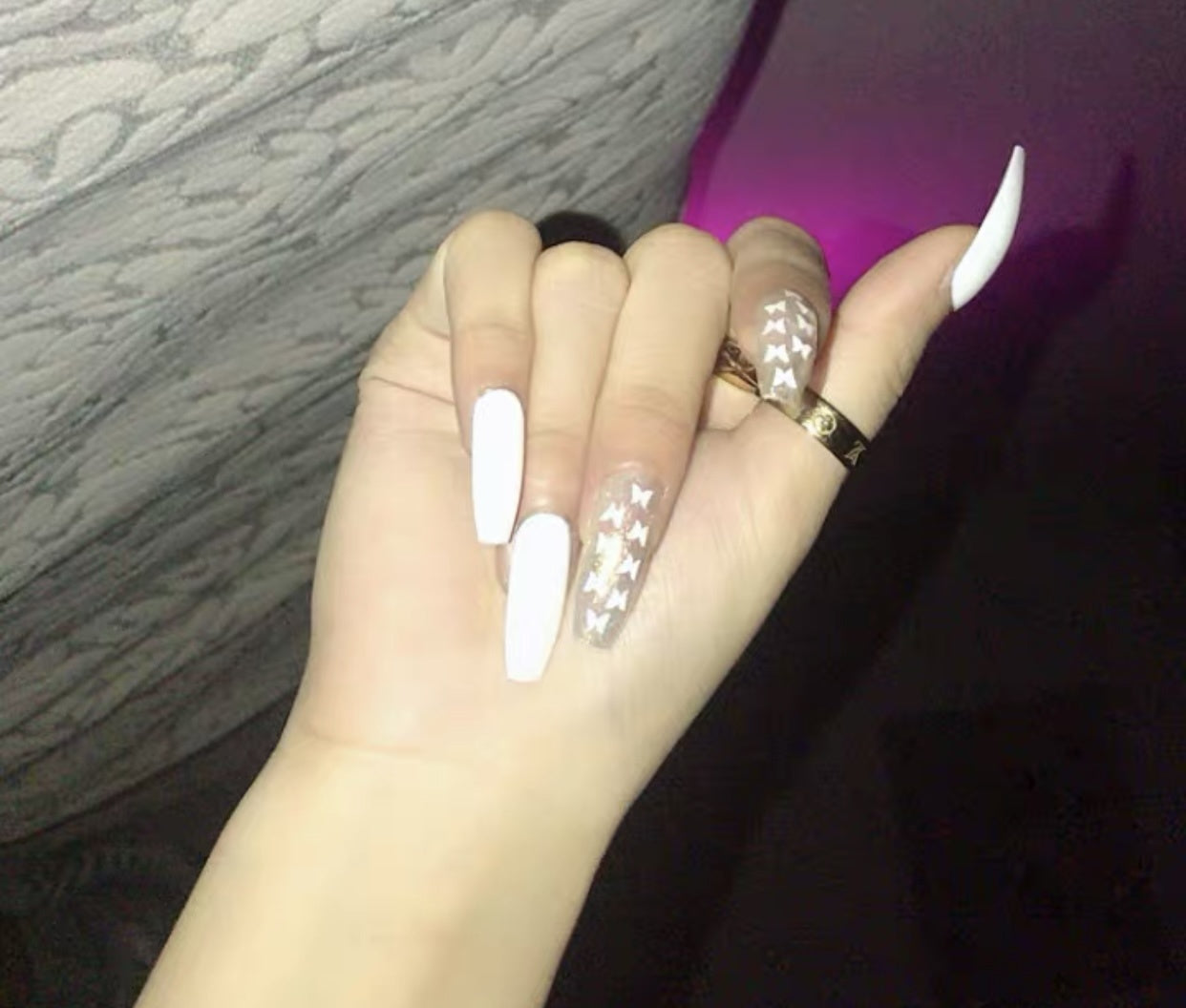 White Butterfly Fake Nails/Press On Nails/Handmade/Ballerina Shape