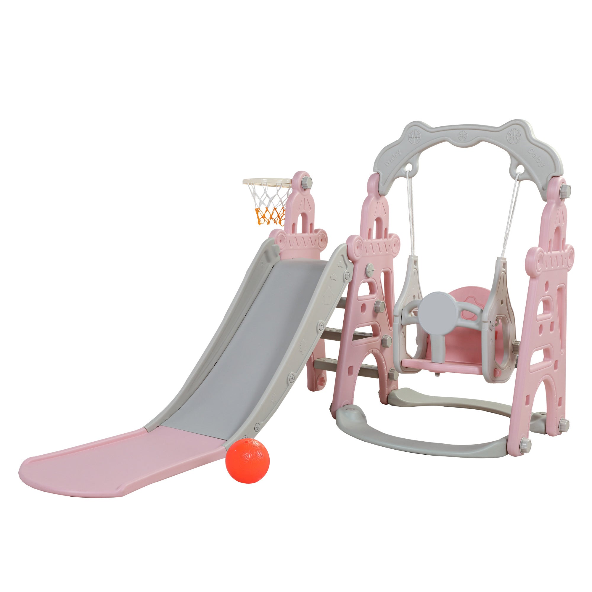 Children Slide Swing Set, 3-in-1 Combination Activity Center Freestanding Slides Playset for Kids Indoor Toddler Climbing Stairs Toy with Basketball Hoop Game Outdoor Playground  XH