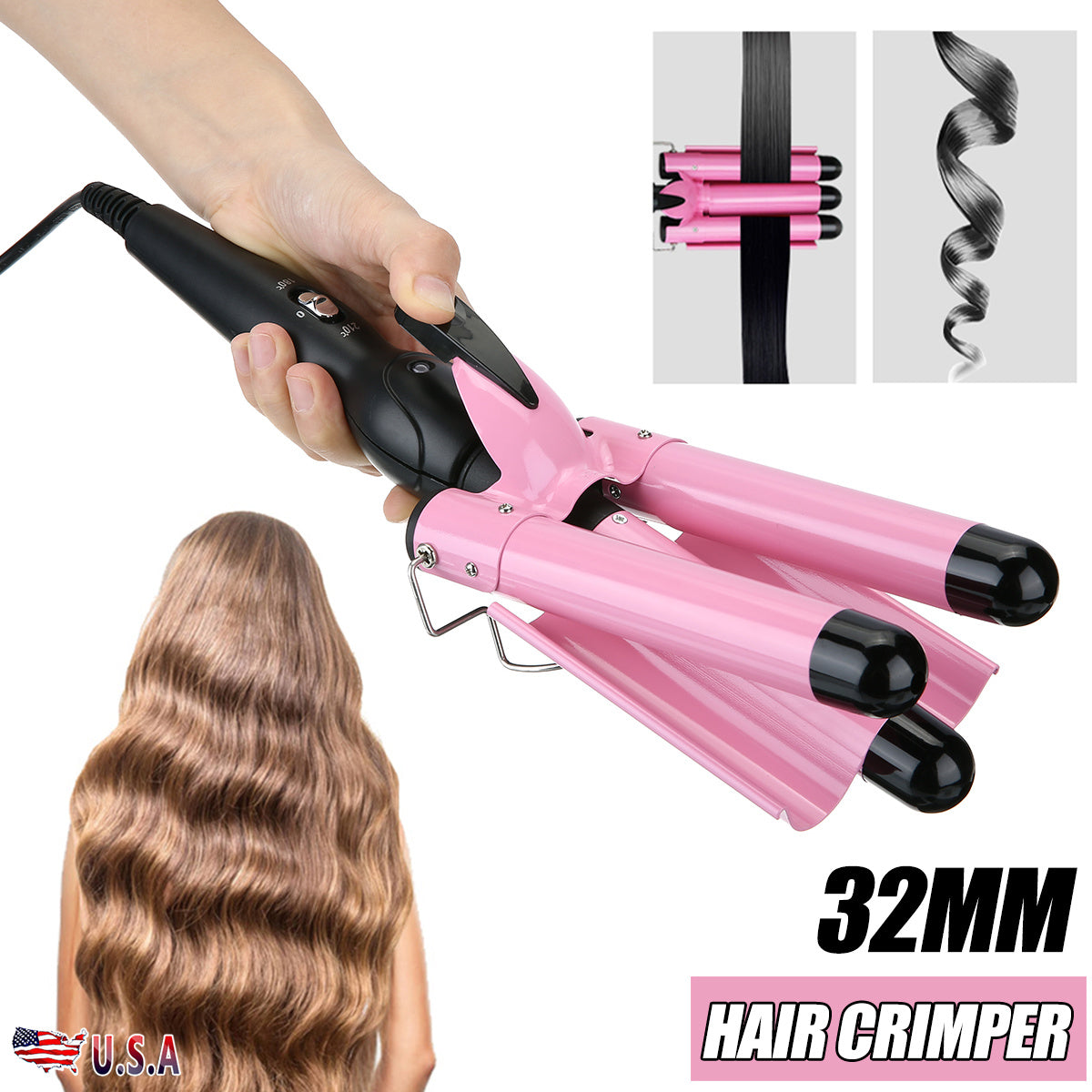 Free shipping 28MM Triple 3 Barrel Ceramic Hair Crimper Iron Salon Styler Curling Curler Waver  YJ