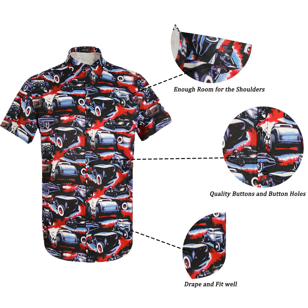 Men Retro Cars Print Casual Button Down Shirt Funny Graphic Short Sleeve Hawaiian Shirts