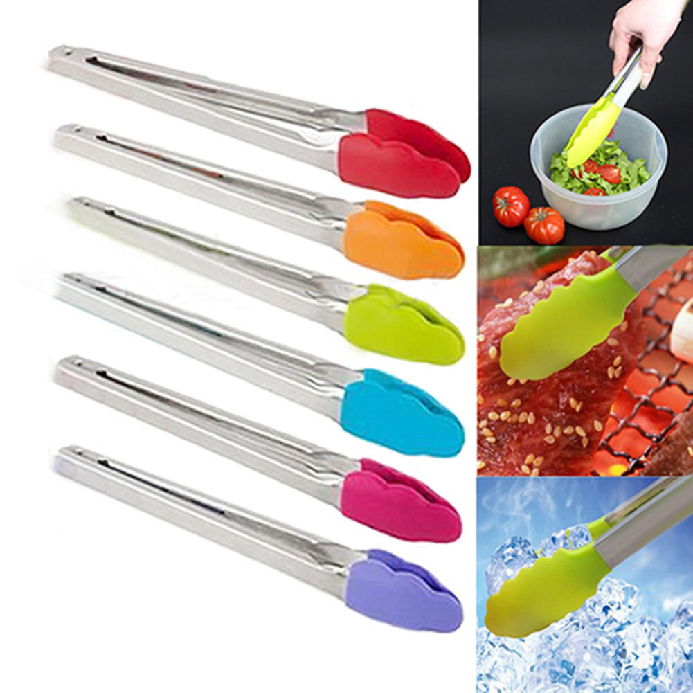 Silicone Cooking Salad Stainless Steel Handle Serving BBQ Tongs Kitchen Utensil