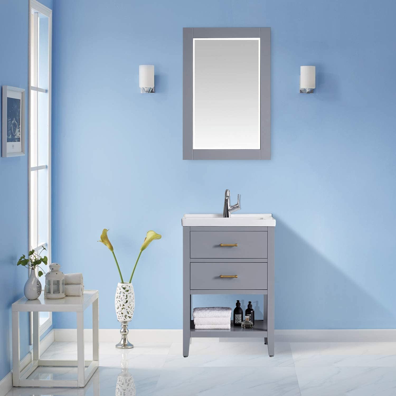 F&R 24 inch Bathroom Vanity Mirror Bathroom Wall Mirror for Bathroom 24" x 35" Solid Wood Framed Mirrors for Wall, Gray