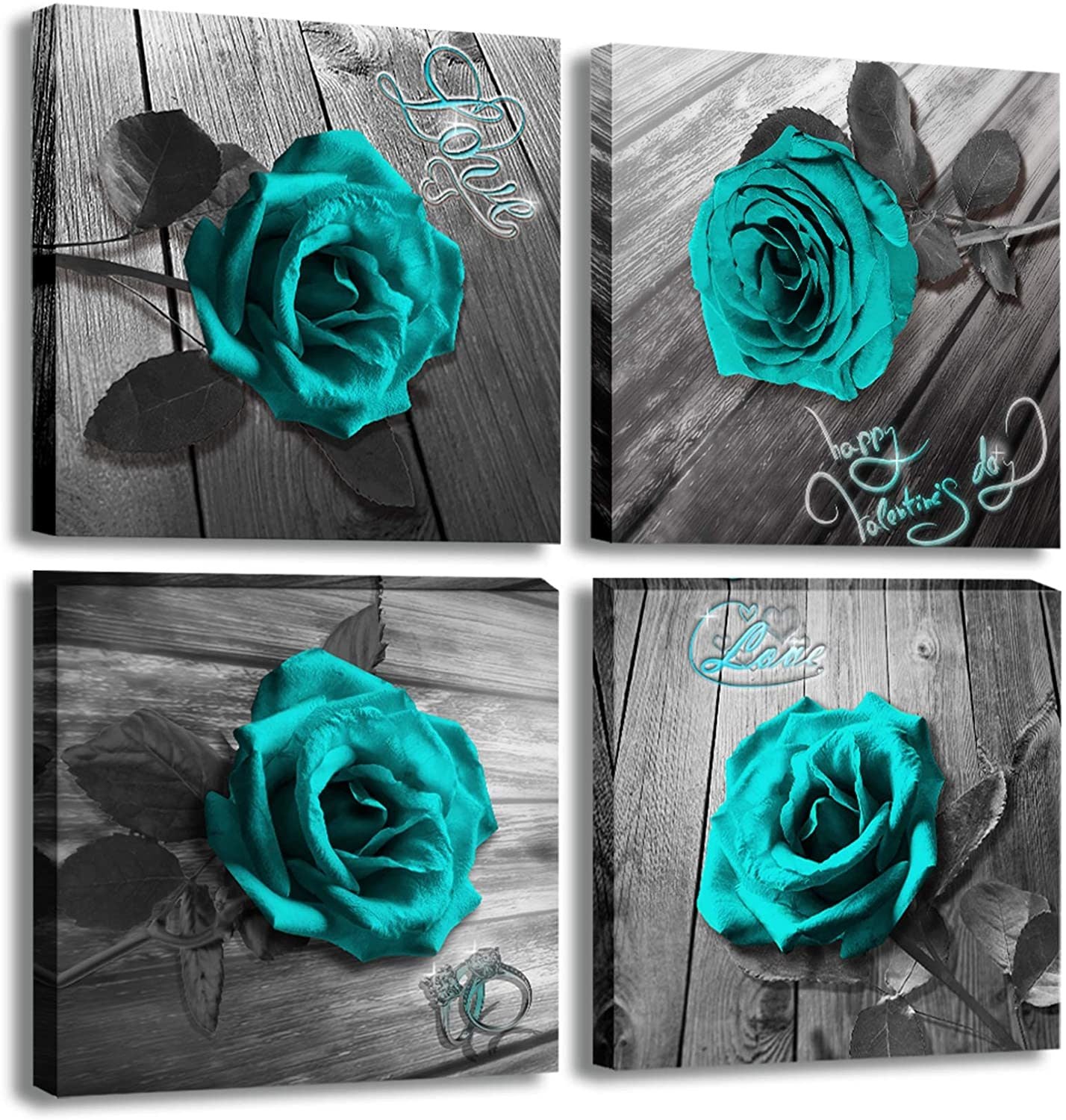 Canvas Wall Art Teal Blue Rose Canvas Prints Black and White Turquoise Floral Artwork Modern Frame Flower Pictures Canvas Art Wall Decor for Bedroom Living Room