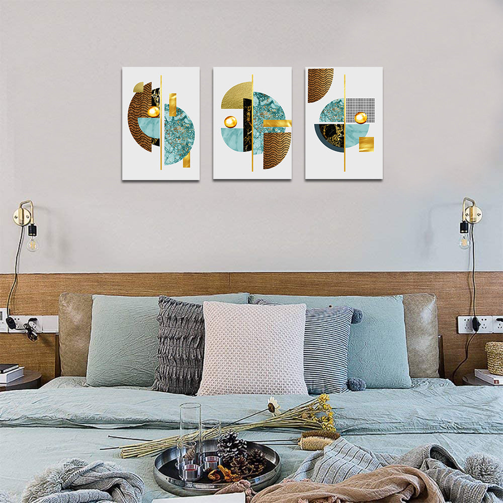 Abstract Canvas Prints Geometric Gold Deer Picture Stretched Wall Art Blue Fan-shaped Bedroom Decorative Painting 3 Pieces