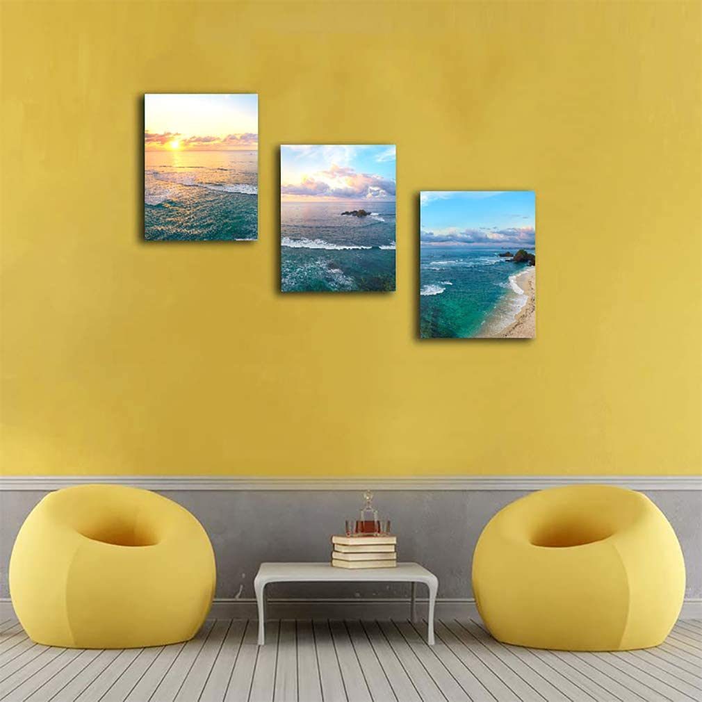 Blue Sea Sunset White Beach Painting For Bathroom Living Room Wall Art Decor - 3 Panels Abstract Wave Picture Prints on Canvas Stretched and Modern Ocean Natural Giclee Decoration Poster