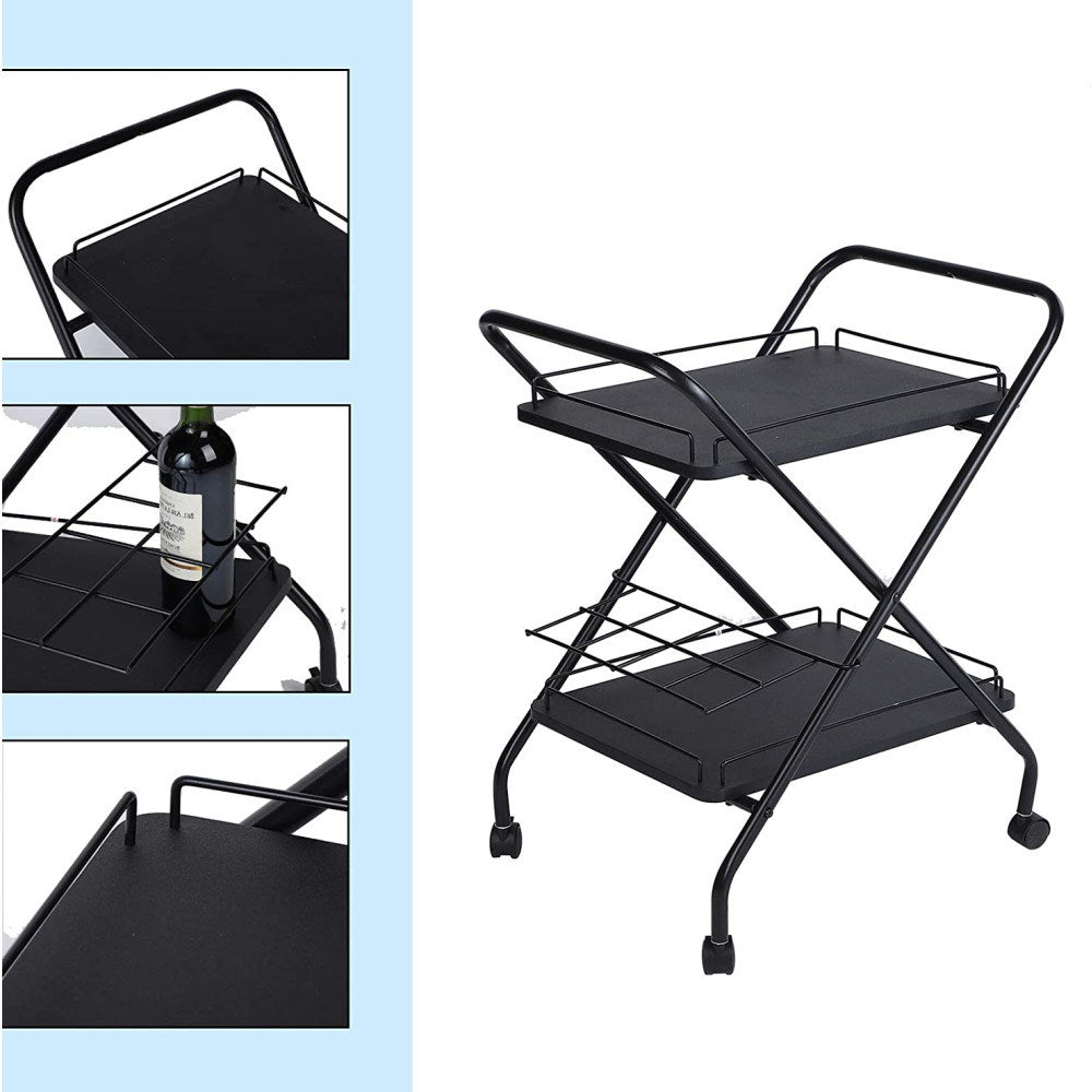 2-Tier Rolling Utility Cart with Wheels, Metal Bar Service Cart With Wine Rack, Lockable Wheel, Multi-Functional Storage Rack For Bar Office And Kitchen RT