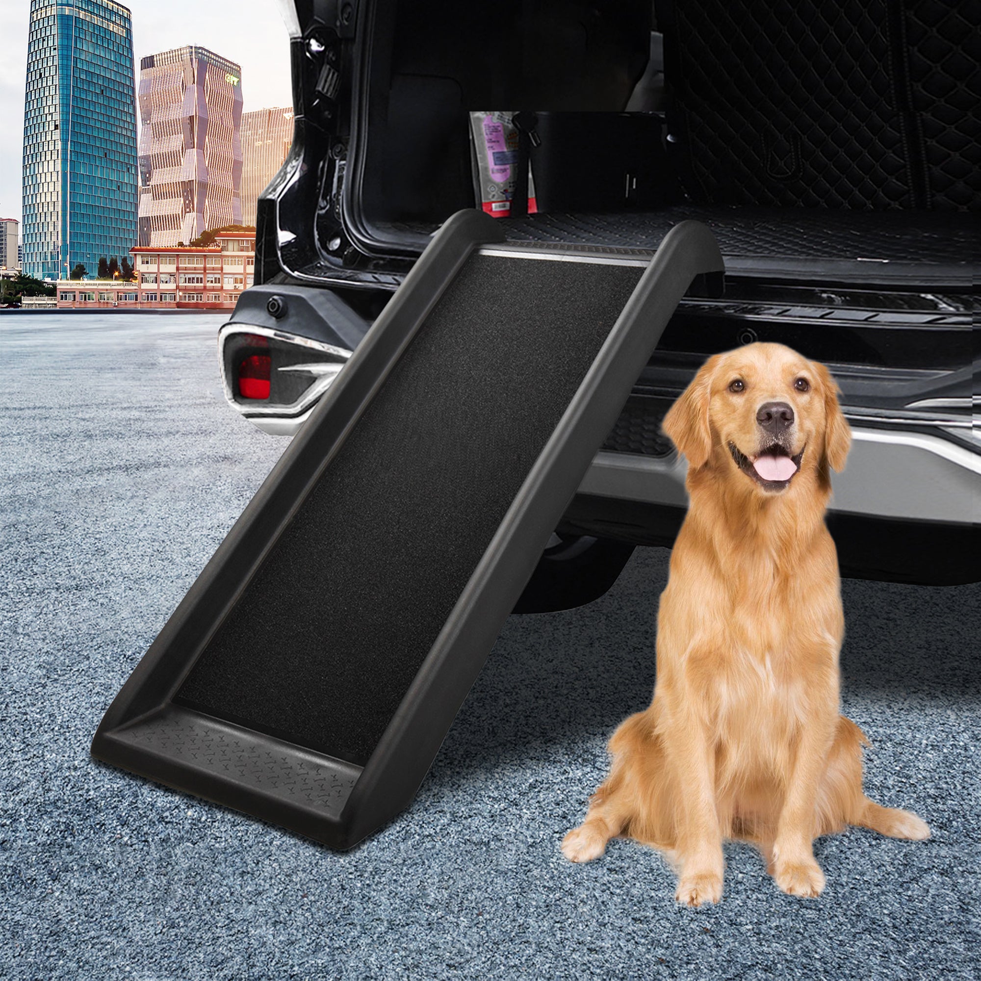 Portable Lightweight Dog Pet Ramp with Nonslip Surface and Raised Safety Rails, Outdoors, Black
