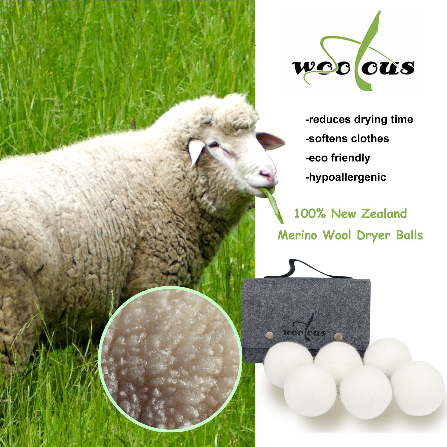 Woolous Wool Dryer Balls Organic XL 6 Pack, Premium New Zealand Non-Toxic Laundry Dryer Ball,Handmade Reusable Natural Fabric Softener,Reduce Wrinkles,Saves Drying Time Felted Eco Dryer Ball