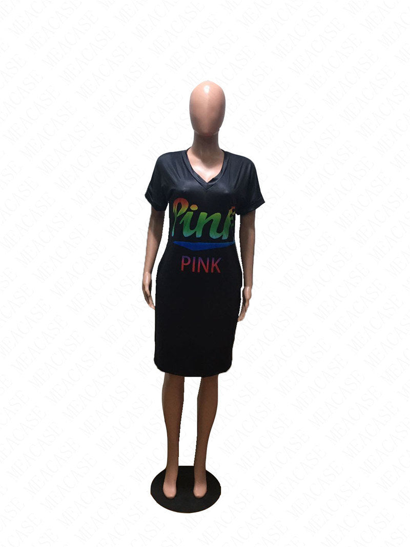 Women Colorful PINK letter print dress short sleeve skirts V-neck sexy dresses fashion summer clothes beach casual dress plus size S-2XL D61907
