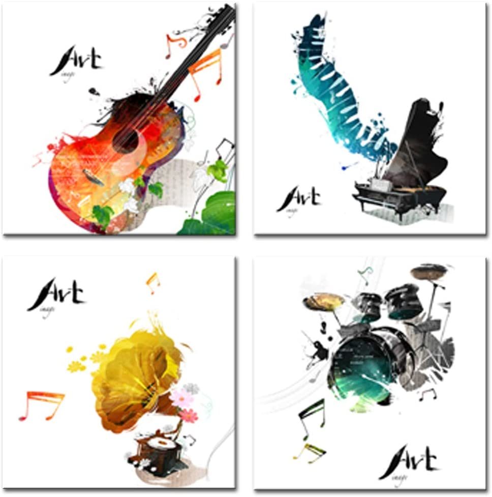 4 Pieces Canvas Wall Art Guitar Piano Phonograph and Drum Set Four Kinds of Classical Music Instruments Picture Music Painting Giclee Art for Home Decor Framed Ready to Hang (Guitar, 12x12inchx4pcs)